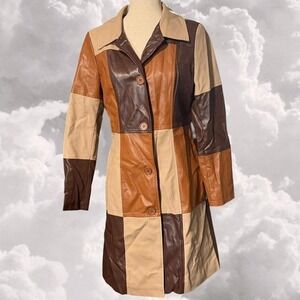 Dolls Kill Current Mood Faux Leather Brown Patchwork Trench Coat Boho 70s Style
